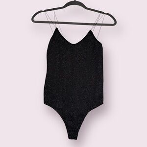 Y.A.S. Black Sparkly Metallic Strappy Ribbed Bodysuit Size Small / Medium
